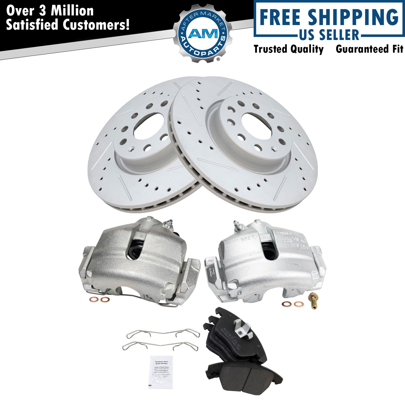 Front Brake Calipers Pads Drilled Rotors for 08-13 GTI 09-15 Jetta 06-10 Passat