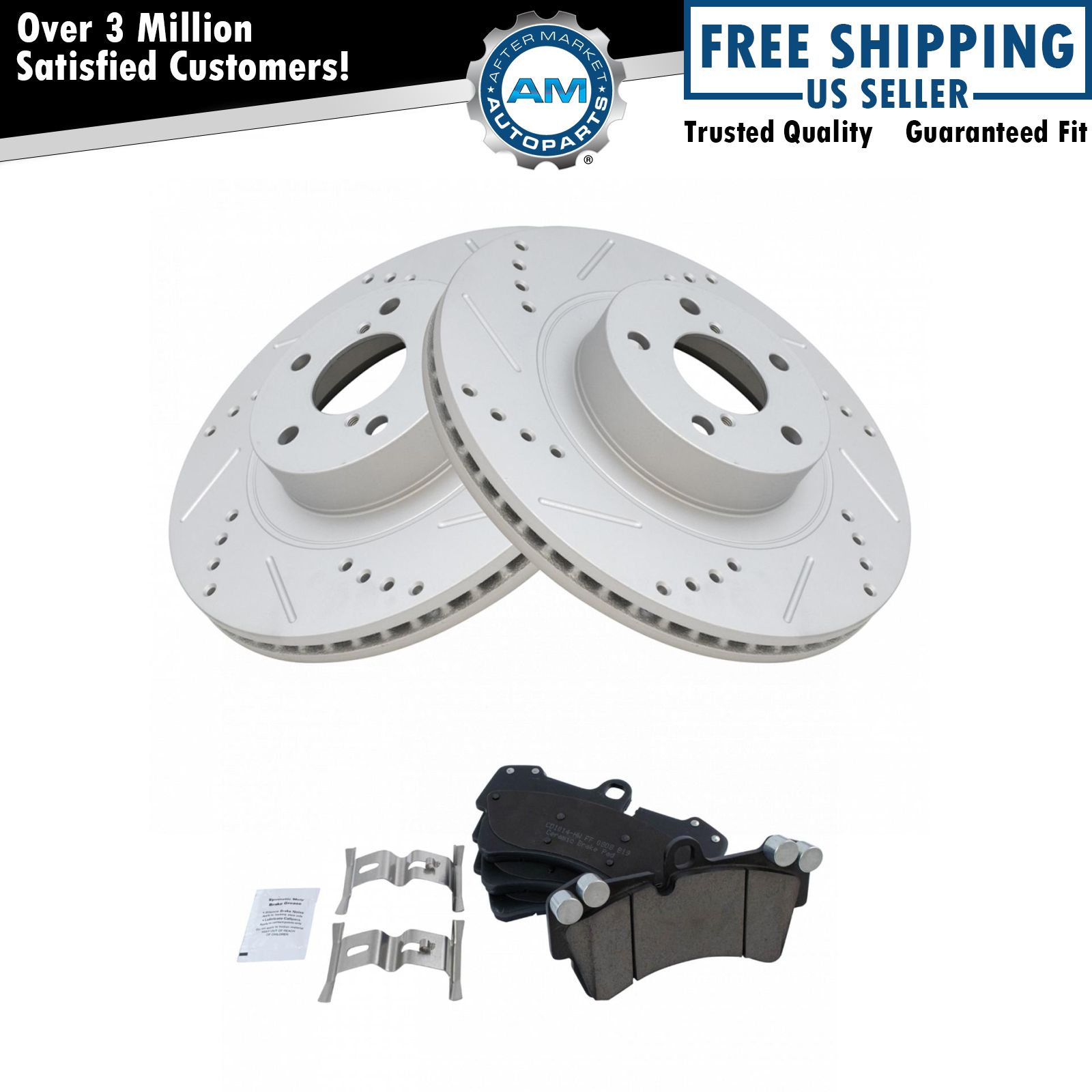Front Ceramic Brake Pad & Performance Drilled Slotted Coated Rotor New