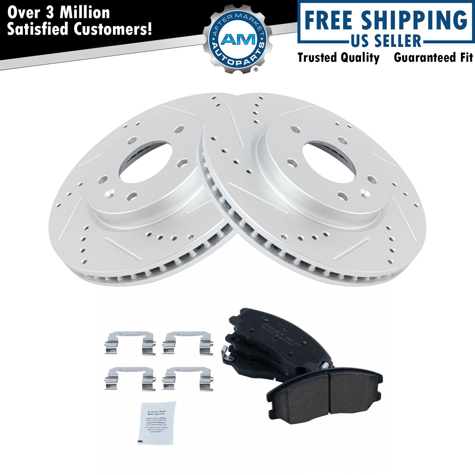 Front Ceramic Brake Pad & Performance Drilled Slotted Coated Rotor New