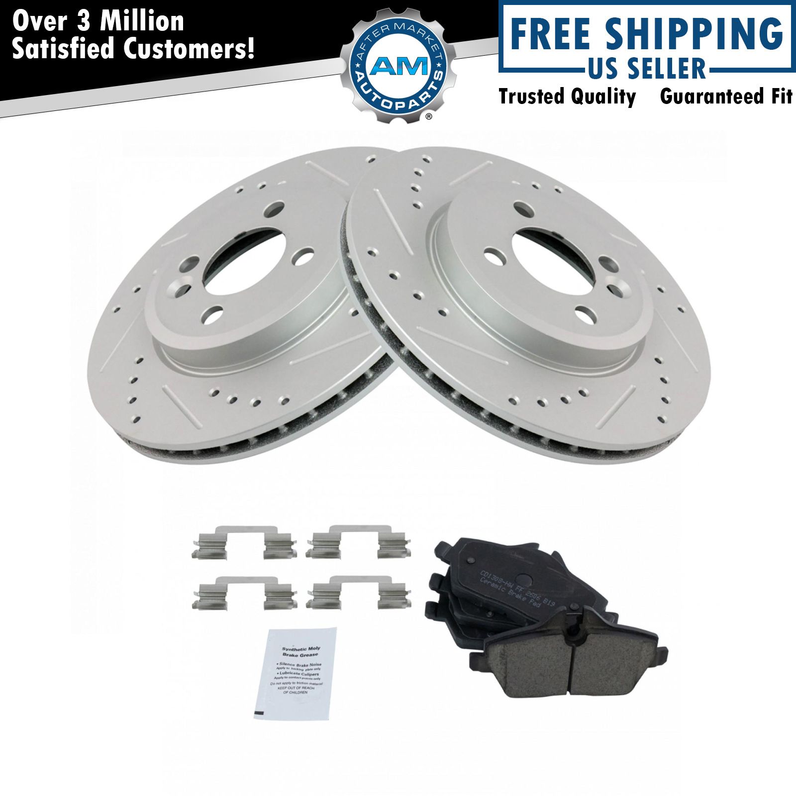 Front Posi Ceramic Brake Pads & Performance Drilled Slotted Rotor Kit