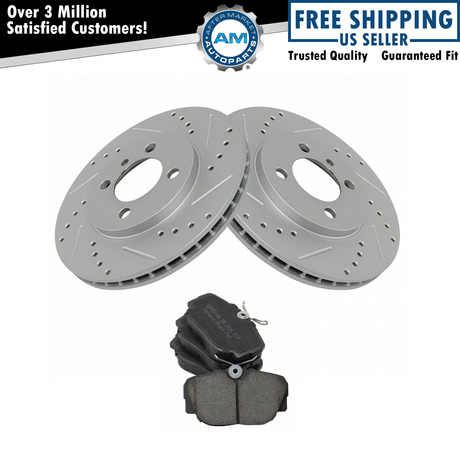 Front Ceramic Brake Pad & Performance Drilled Slotted Coated Rotor New