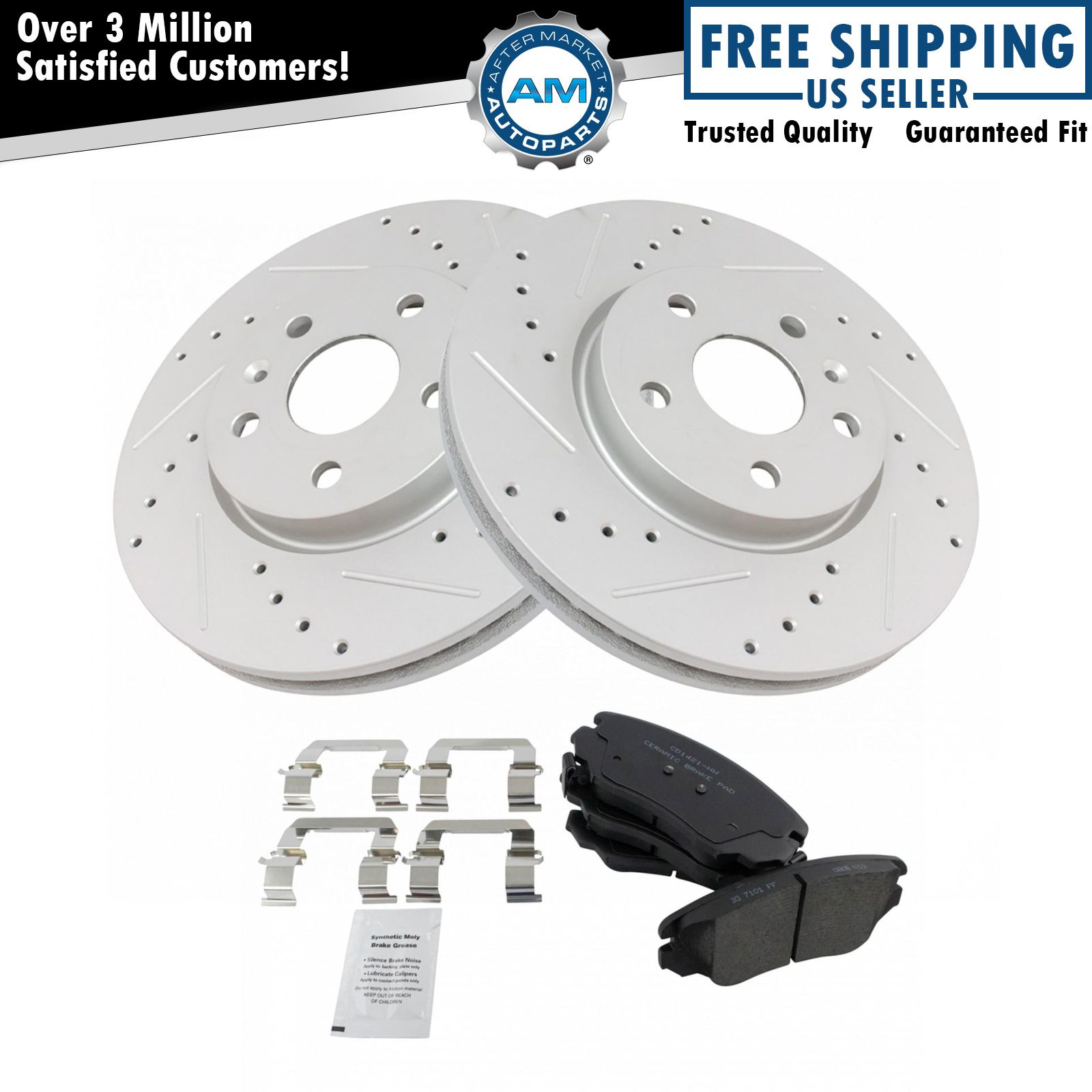 Front Ceramic Brake Pad & Performance Drilled Slotted Zinc Rotor Kit
