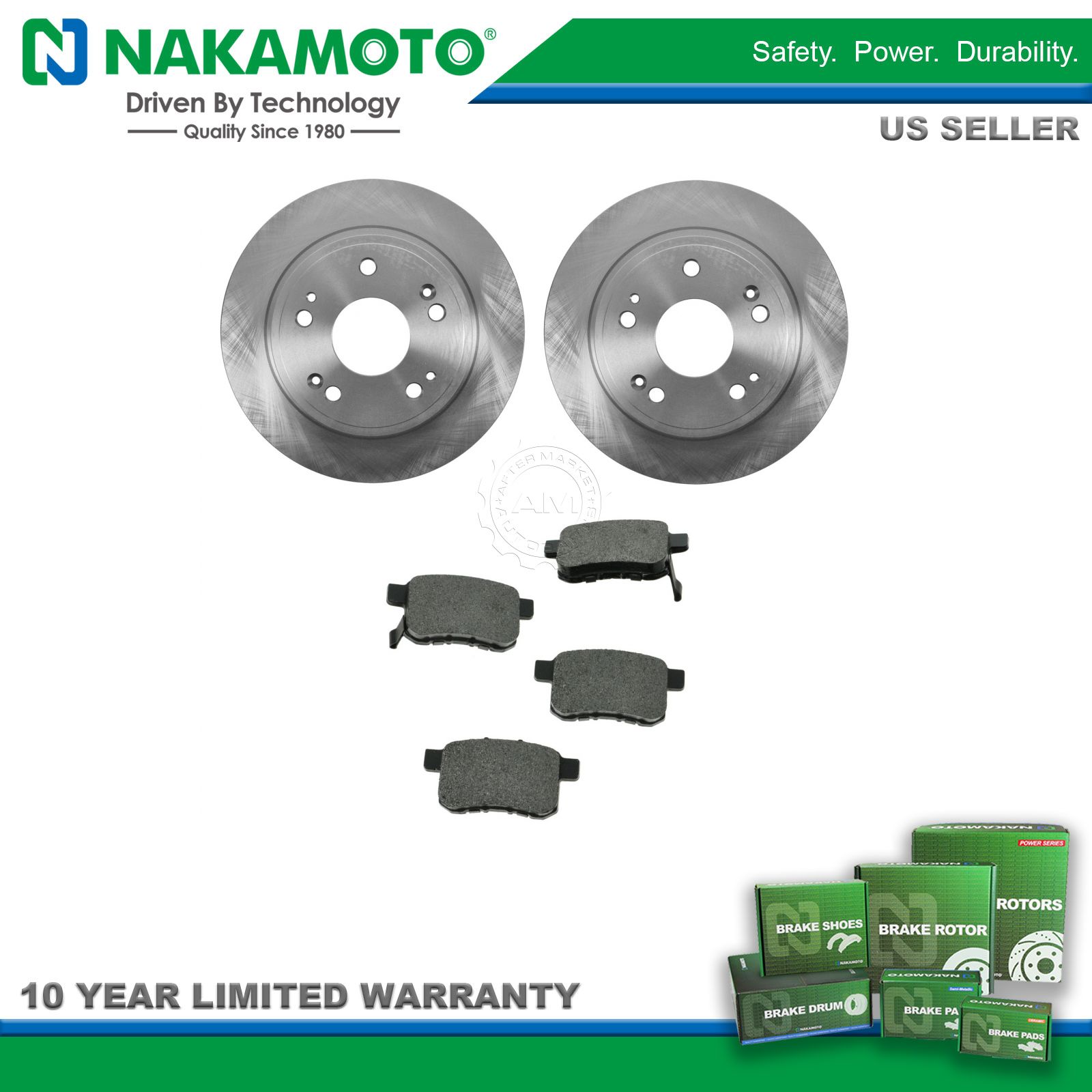 Nakamoto Rear Metallic Brake Pad & 2 Rotors Set Kit for Acura TSX Honda Accord