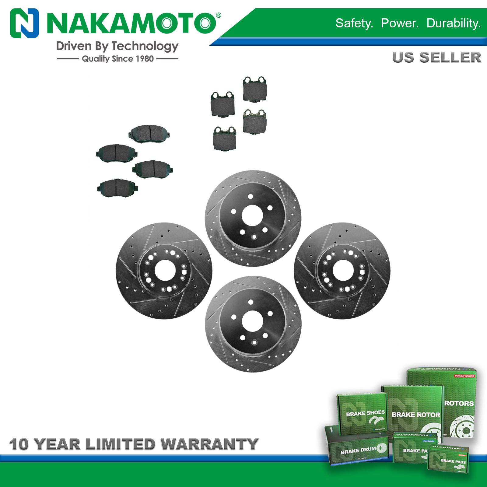 Nakamoto Performance Drilled Slotted Brake Rotor /& Ceramic Pad Front /& Rear Kit