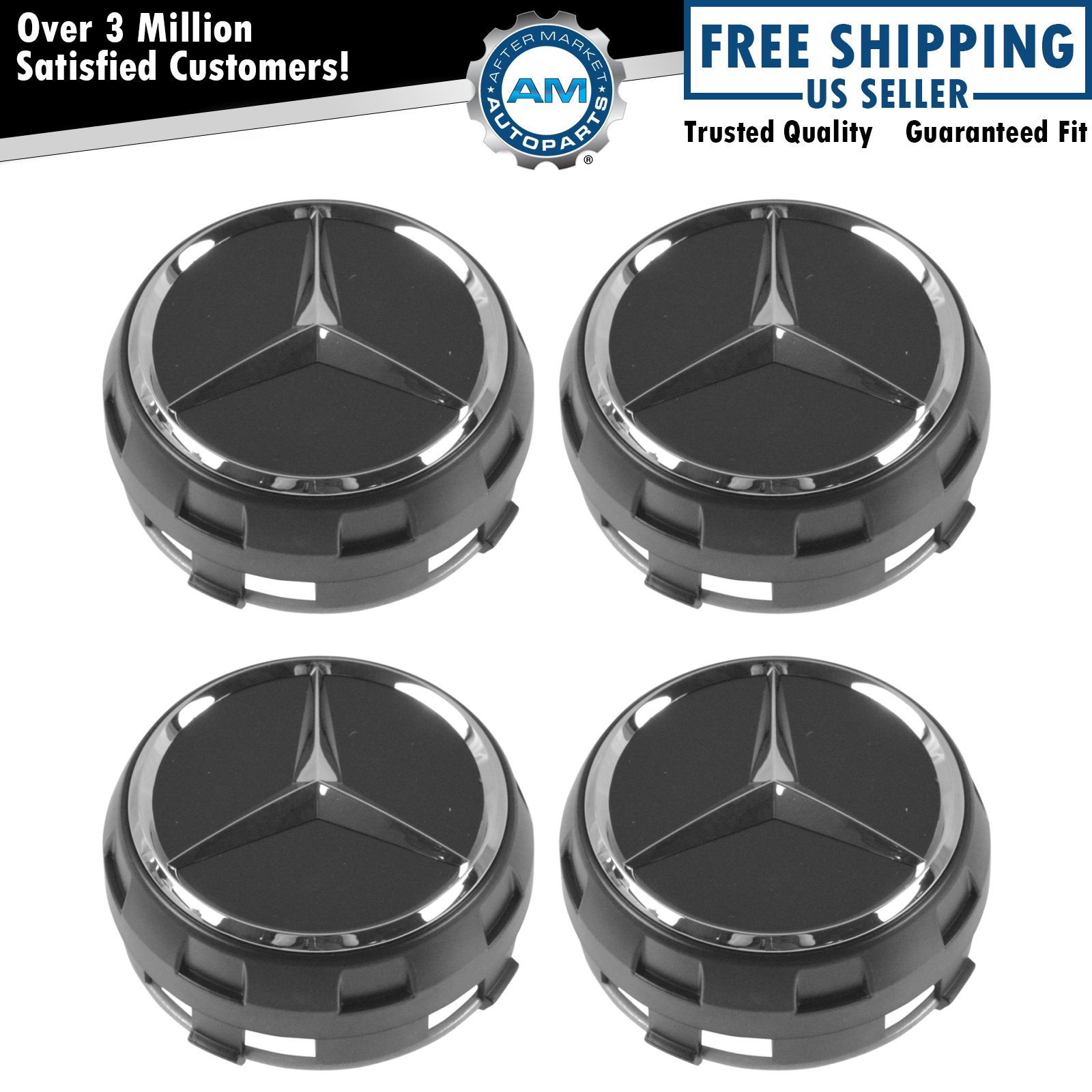 OEM Raised Chrome & Black Wheel Center Cap Set of 4 for Mercedes Benz