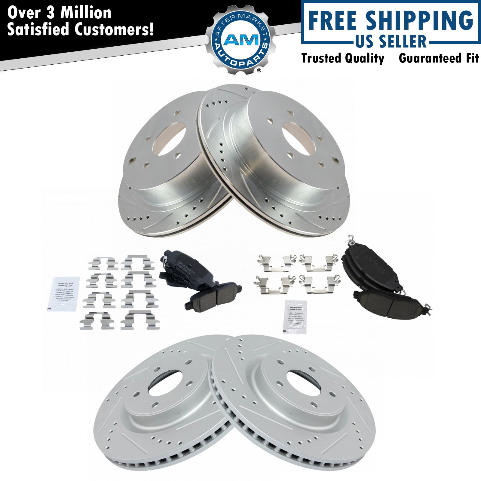 Front & Rear Posi Ceramic Brake Pad & Performance Drilled Slotted Coated Rotors