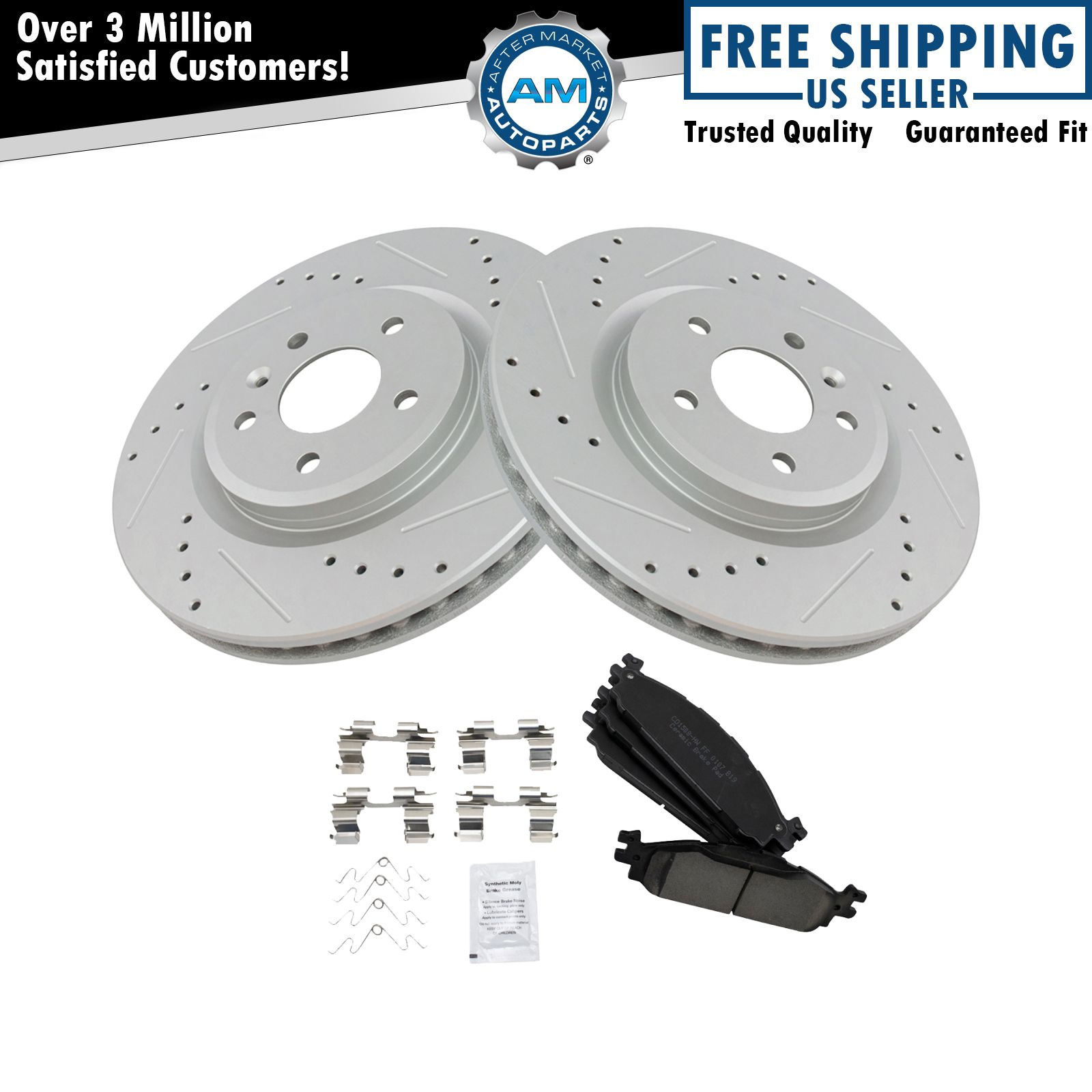 Brake Rotor Drilled & Slotted Coated & Ceramic Pad Front Kit for Ford