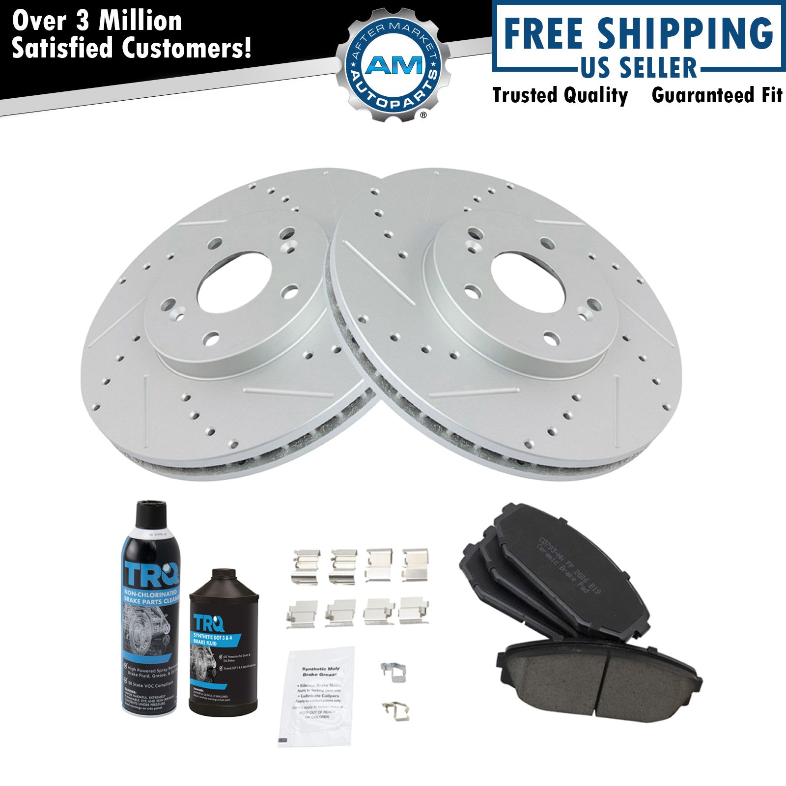 Rotor & Brake Pad Ceramic Performance Drilled Slotted Front Kit w/Chemicals