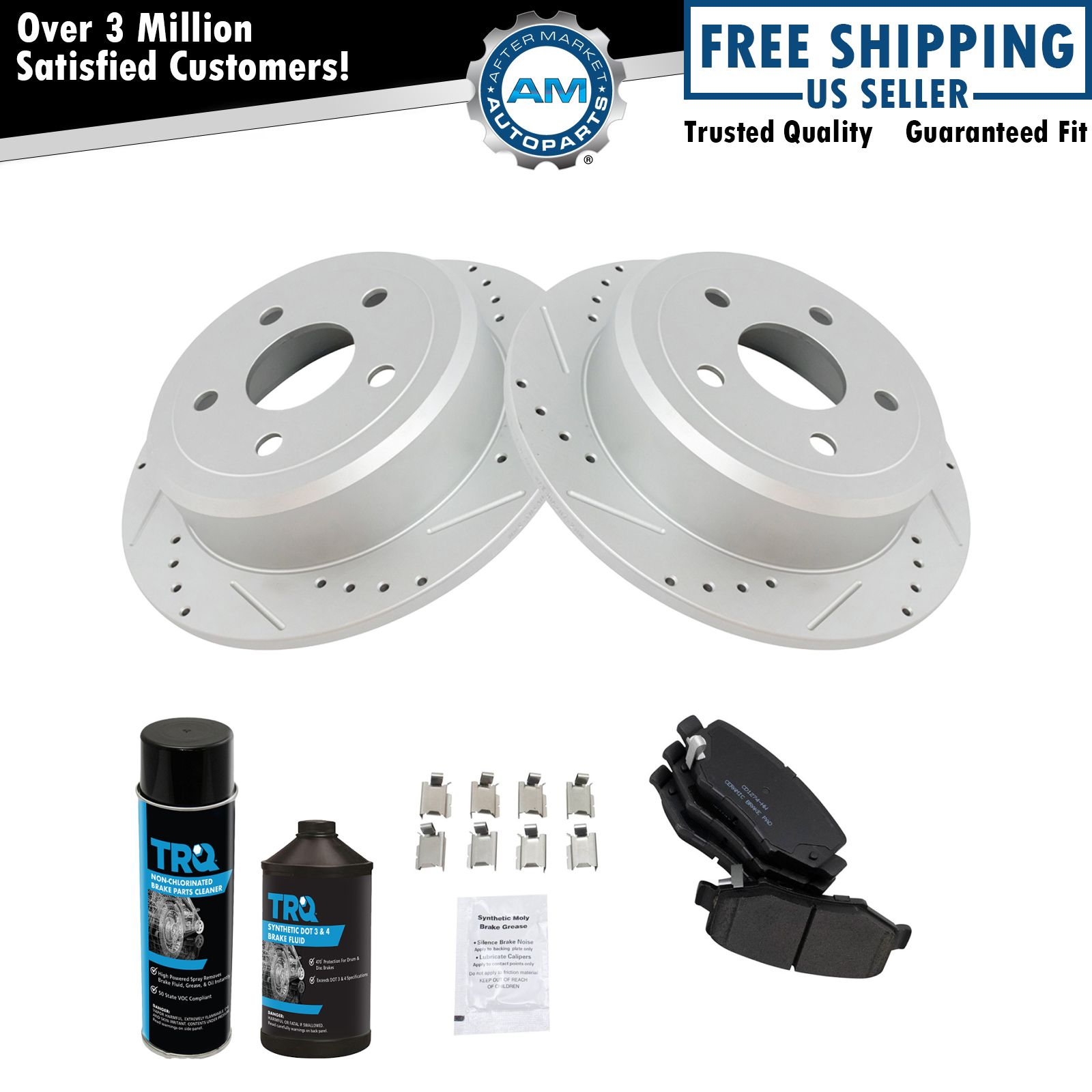 Performance Drilled Slotted Rotor & Ceramic Brake Pad Rear Kit w/Chemicals