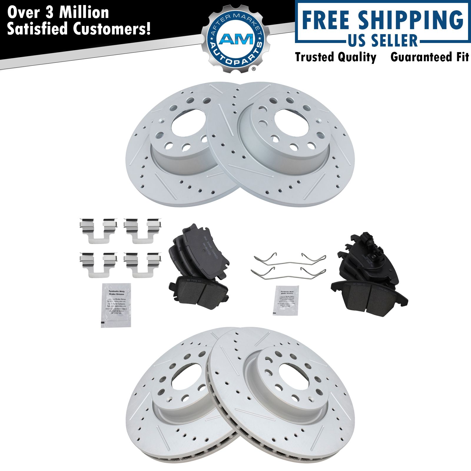 Front & Rear Ceramic Brake Pad & Drilled Slotted Zinc Performance Rotor