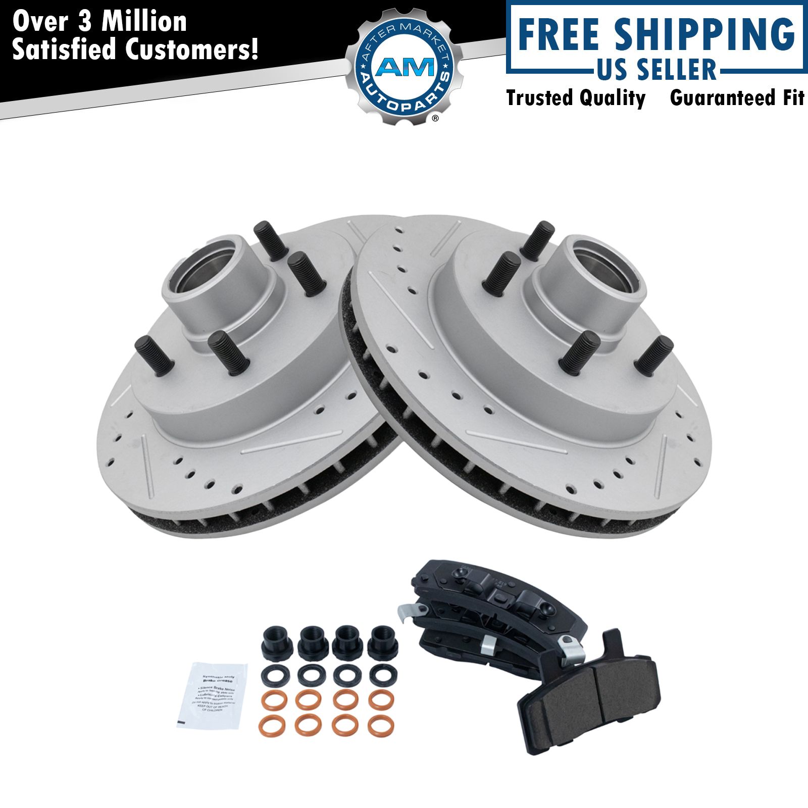 Front Ceramic Brake Pad & Performance Drilled Slotted Coated Rotors