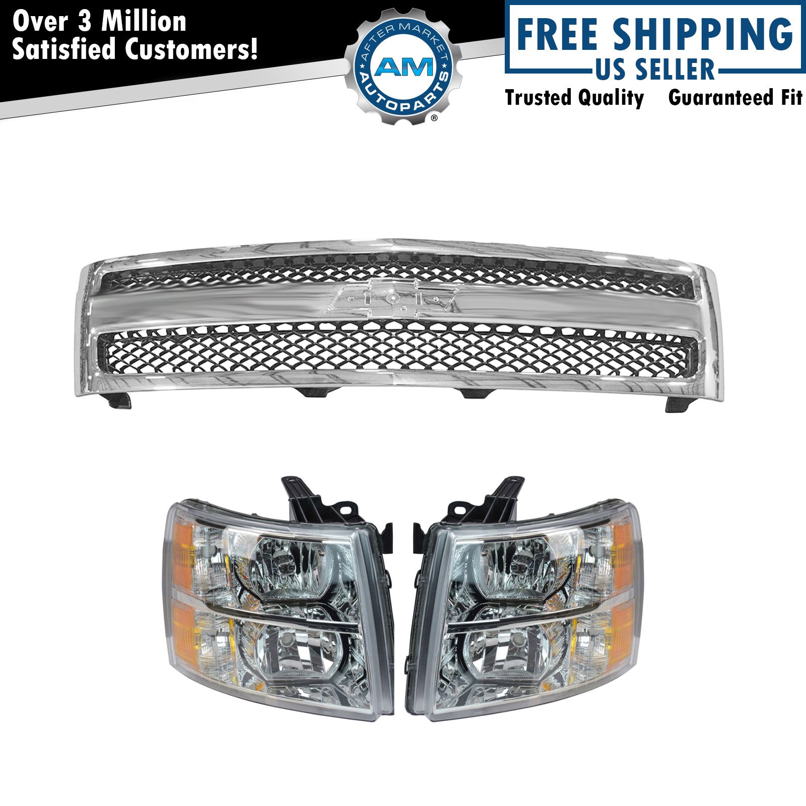 Chrome Grill & Headlight Lamp Kit LH RH Set of 3 for Chevy Silverado 1500 New