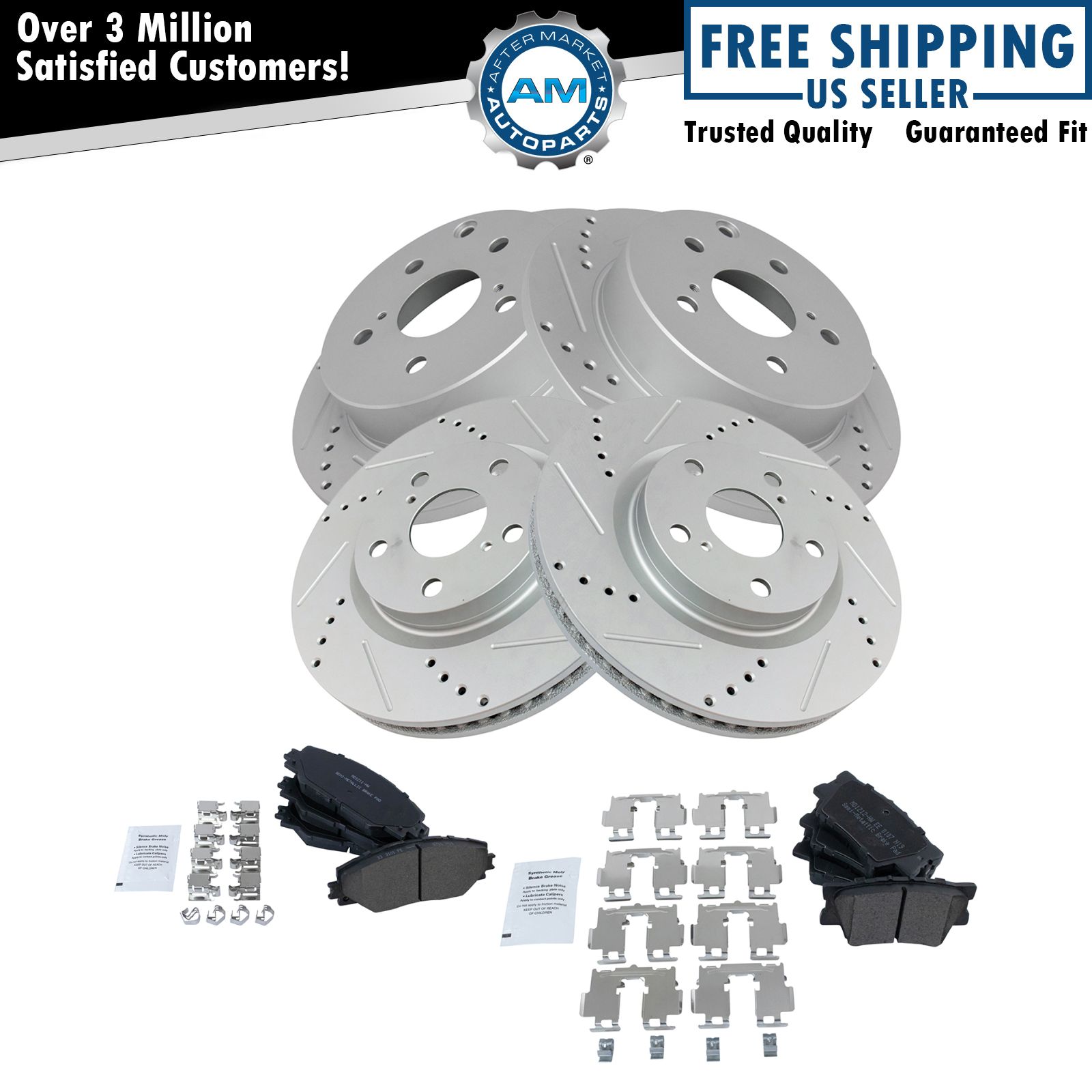 Front Rear Semi-Metallic Brake Pad & Performance Drilled Slotted Coated Rotor