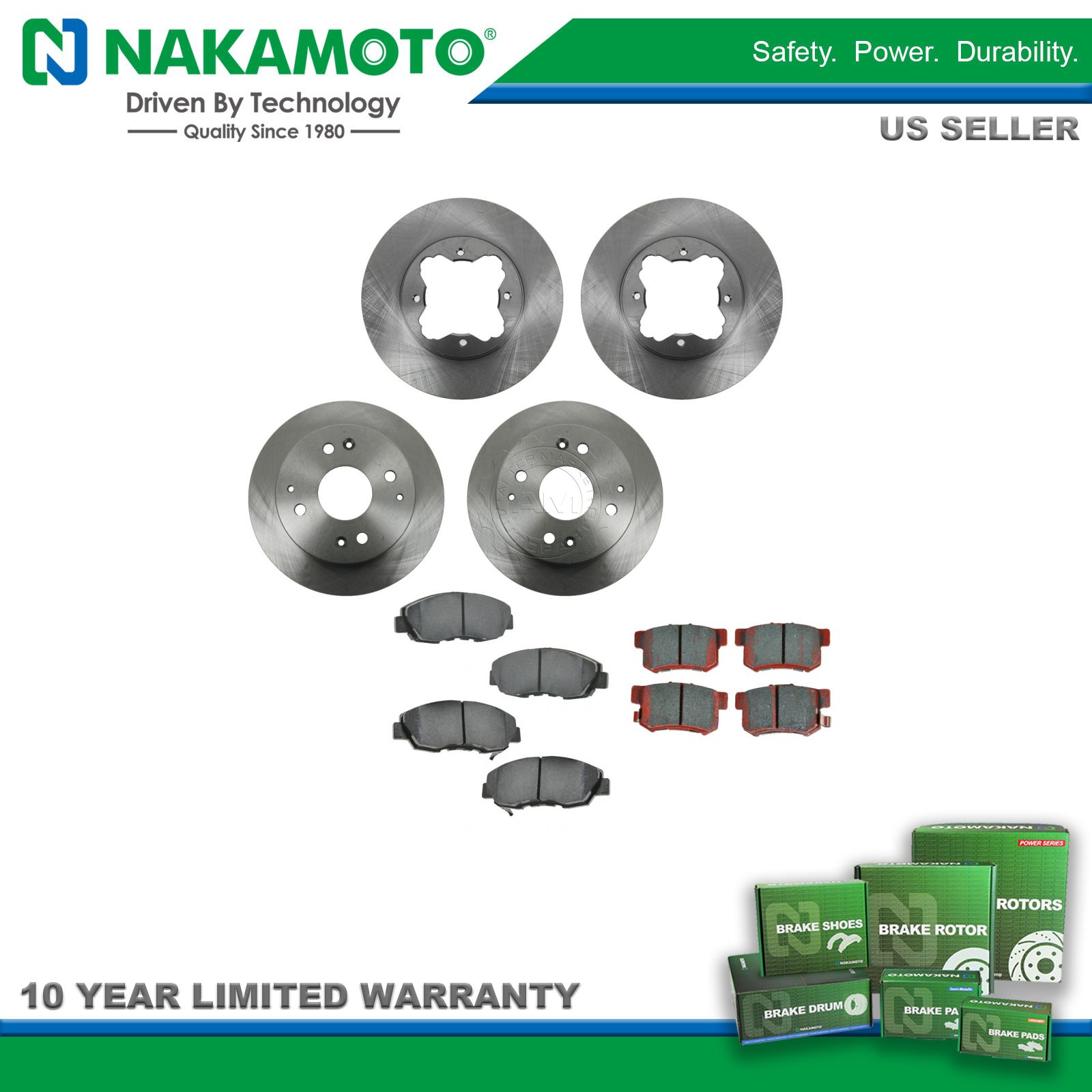 Nakamoto Brake Pad & Rotor Kit Premium Posi Ceramic Front & Rear for Acura Honda