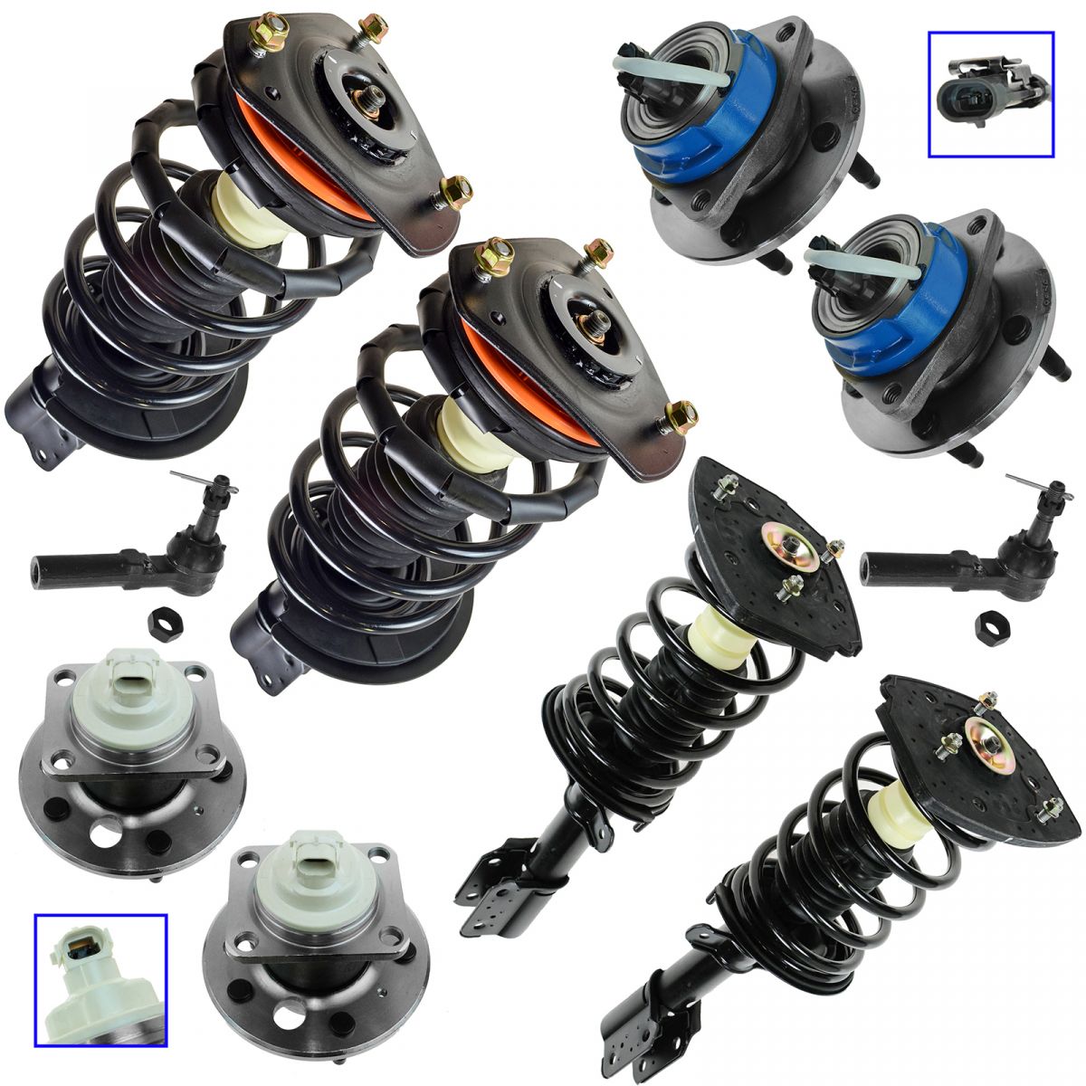 Front & Rear Strut Spring Outer Tie Rod End Wheel Bearing Hub Kit Set