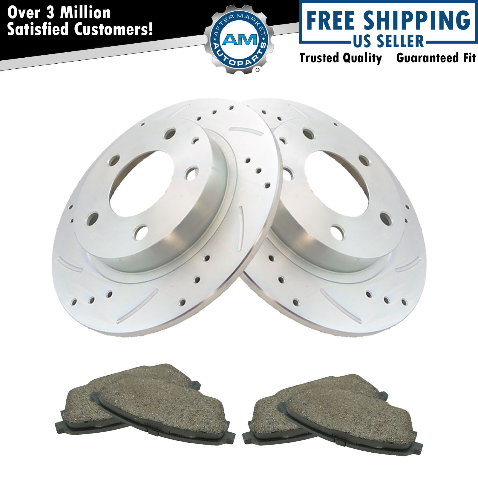 Rear Posi Ceramic Disc Brake Pad & Performance Drilled Slotted Coated Rotors New