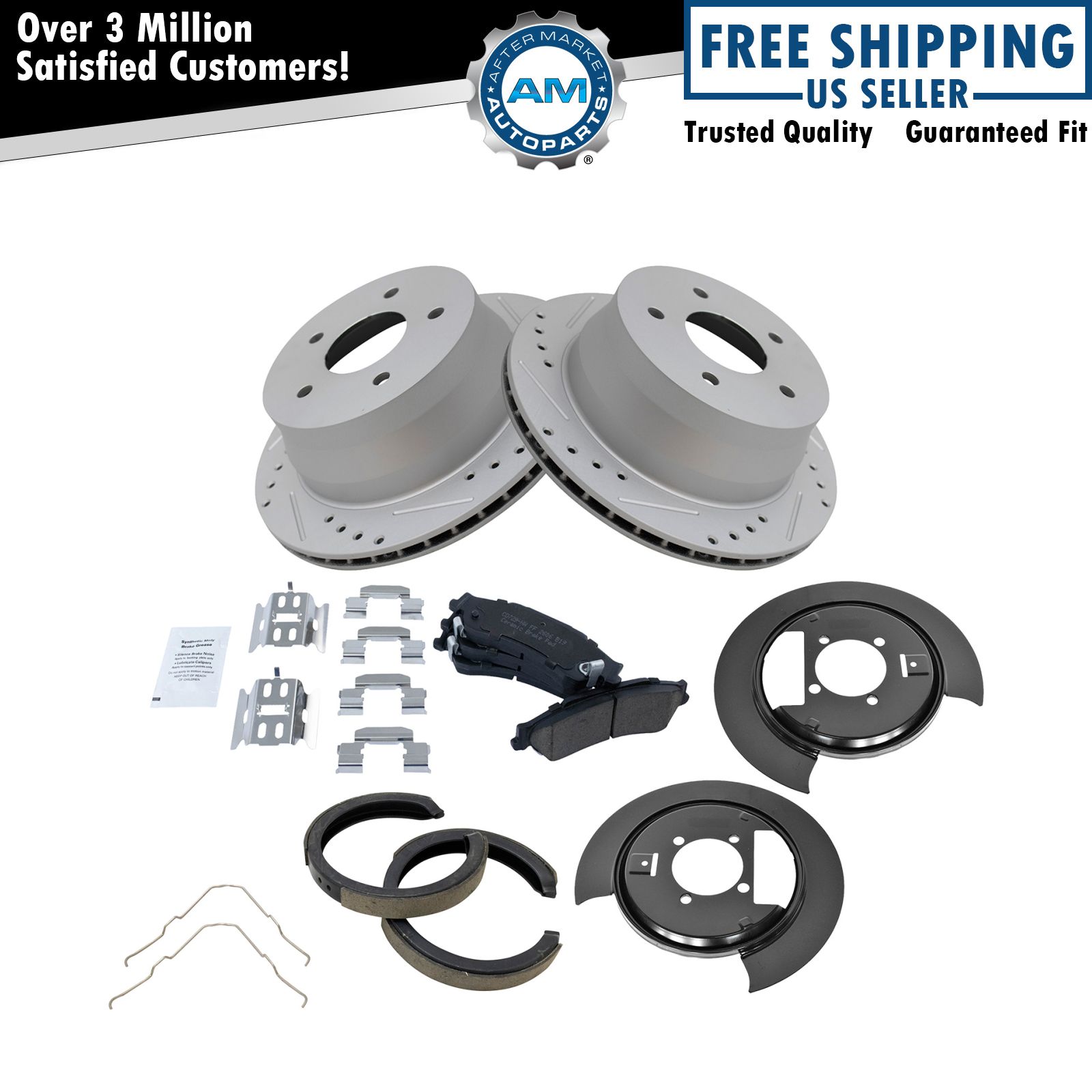 Rear Ceramic Brake Pad, Performance Rotor, Dust Shield & Parking Shoe Kit