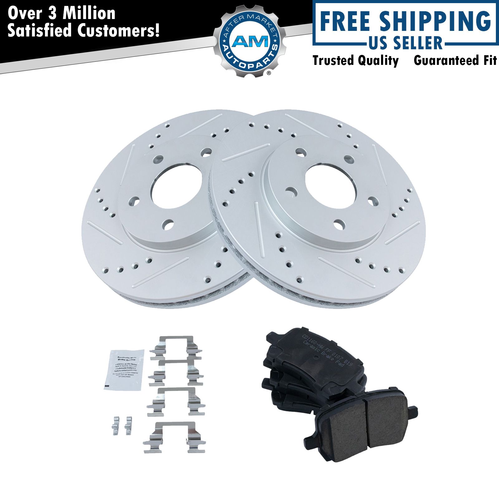 Front Ceramic Brake Pad & Performance Cross Drilled Slotted Rotor Kit