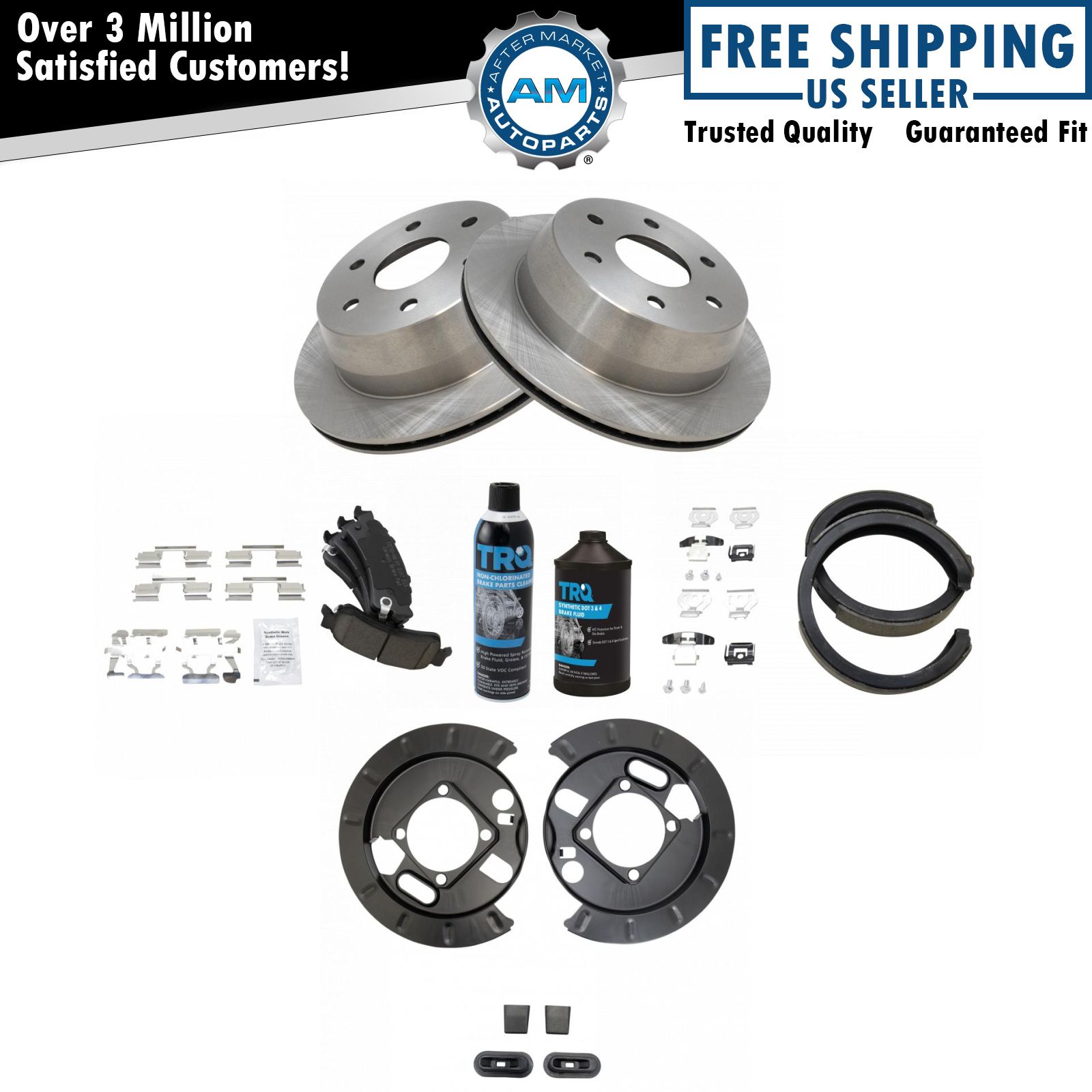 Rear Ceramic Pads Rotors Parking Shoes Dust Shields with Fluids Kit for GM