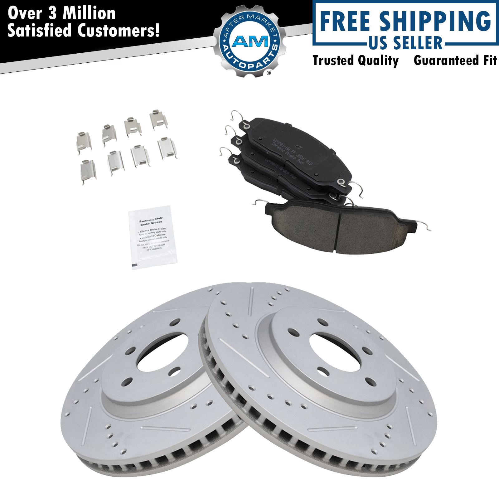 Front Performance Brake Rotor Drilled Slotted Coated & Ceramic Pad Kit